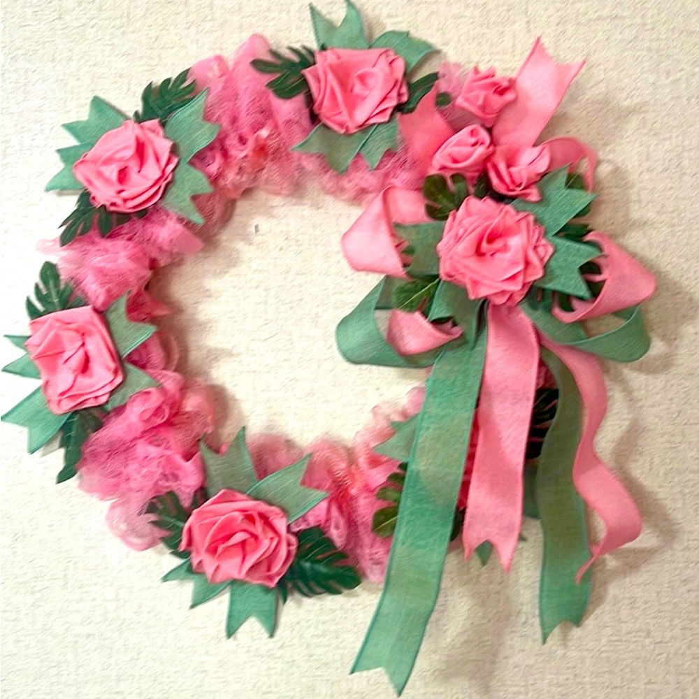 Spring Summer Mothers Day Baby Shower Pink /Green Fabric Ribbon Roses Wreath 🌸
